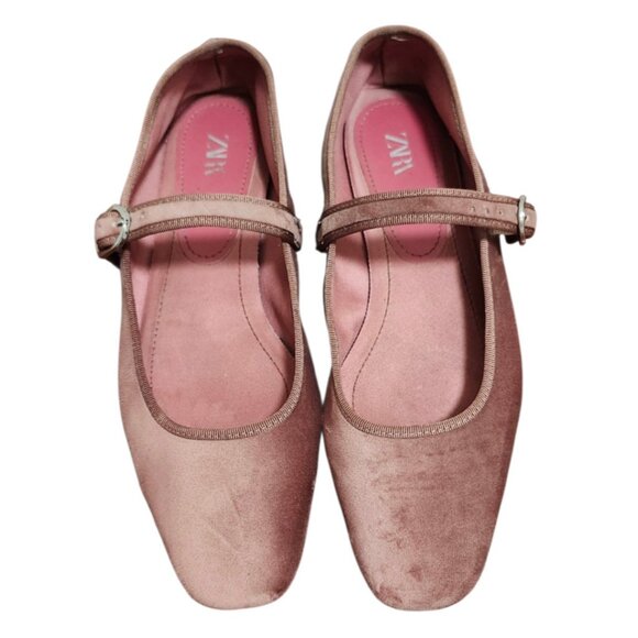 Zara Shoes Women's Size 37 Blush pink  Velvet Mary Jane Flats Square Toe Ballet - Picture 3 of 12